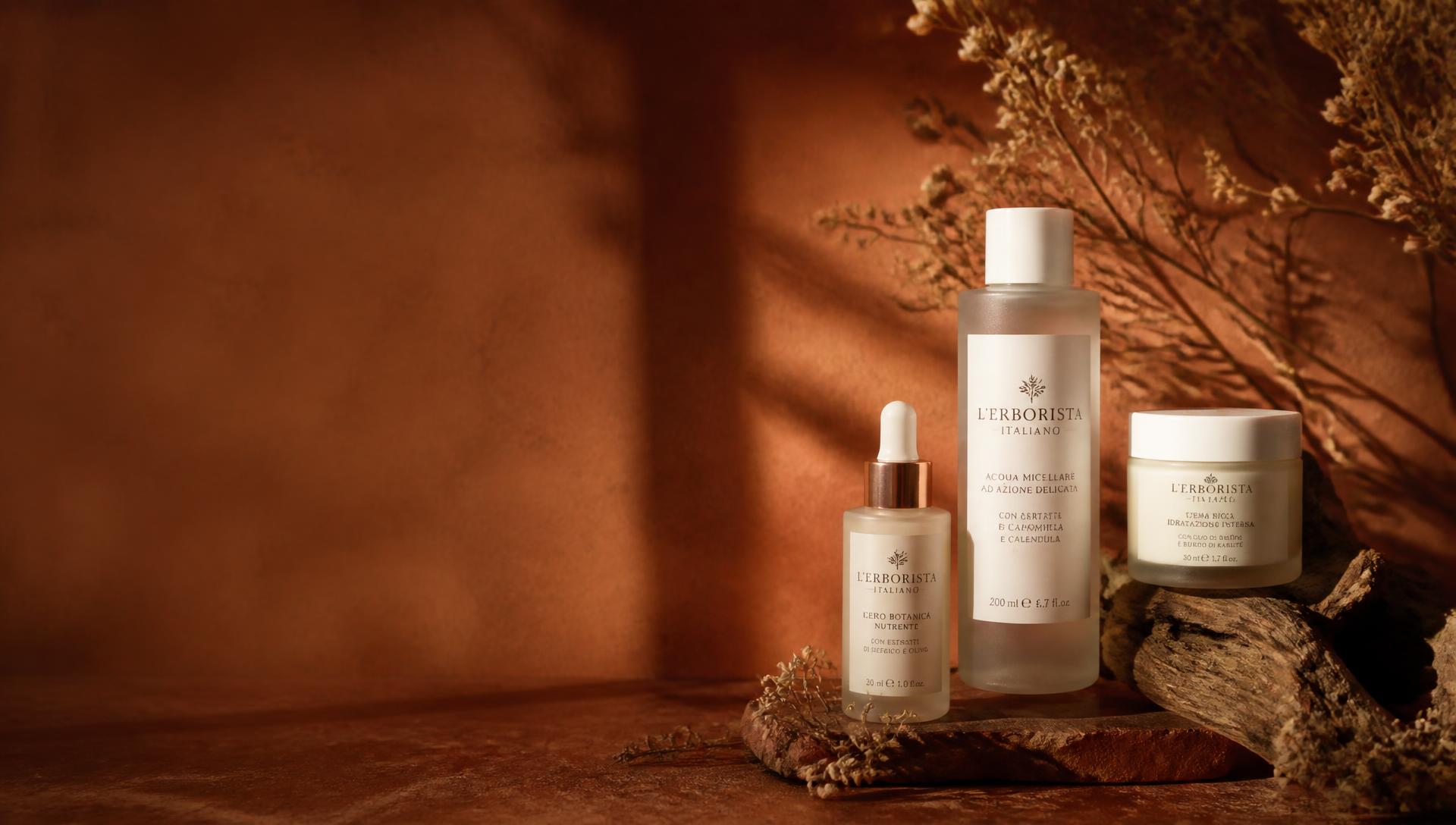 Flaconi di cosmetici naturali MC Bionatureline su fondo terracotta con rami botanici
